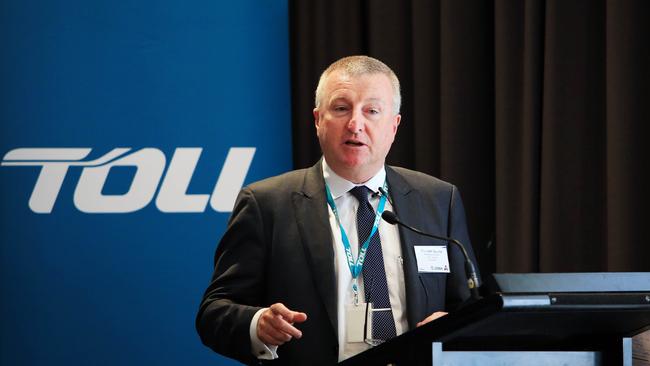 Toll Holdings chief executive Michael Byrne speaking at an American Australia chamber of commerce luncheon in 2018. The company is struggling to overcome a malware attack. Picture: Aaron Francis/The Australian