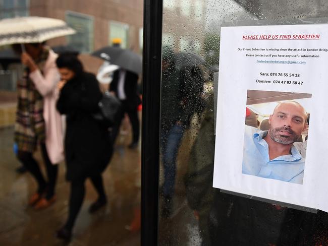 A poster placed on a bus shelter on London Bridge in London asks for help in finding French chef Sebastien Belanger, who has been reported missing since the June 3 terror attack. Picture: AFP/Justin TALLIS