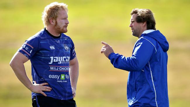 James Graham (L) talks with Des Hasler during Canterbury Bulldogs training. Picture: Gregg Porteous