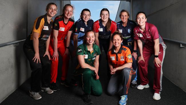 Front L-R Meg Phillips New Town, Corinne Hall Greater Northern Raiders. Back L-R Alice Kelly Kingborough, Louise Maddock University, Laura Scott Lindisfarne, Ella Marsh North Hobart, Ange Green South Hobart-Sandy Bay, Heather Graham Clarence. Official launch of the CTPL cricket season for men and women. Picture: NIKKI DAVIS-JONES