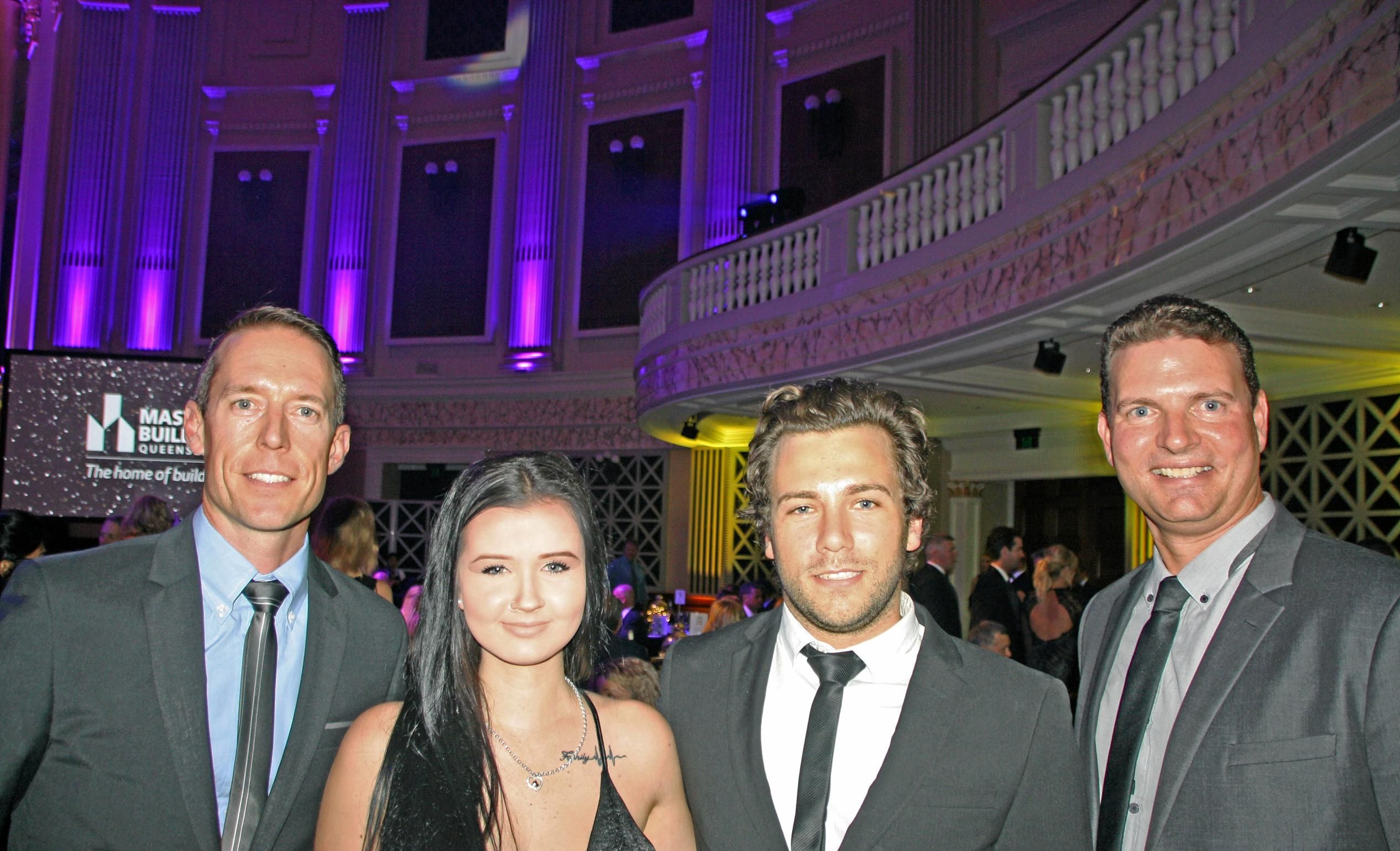 Chris Stratford-Smith, Mitchell Hayes, Melissa Walpole and Kent Belcher of Badge Constructions at the 2017 Master Builders Queensland Housing and Construction Awards at Brisbane City Hall. Picture: Erle Levey