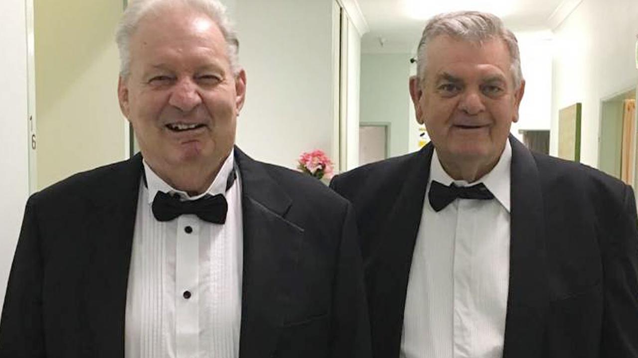 Rugby League Immortal, Graeme Langlands (L) with his best friend and commentator Barry Ross, at the Men of League Foundation dinner in May 2017. Picture: Supplied