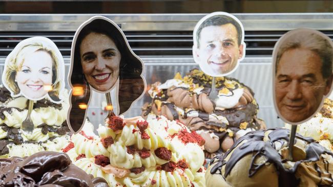 Icecream flavours named after National Party leader Judith Collins, New Zealand Prime Minister Jacinda Ardern, ACT leader David Seymour and NZ First leader Winston Peters in Christchurch. Picture: Getty Images.