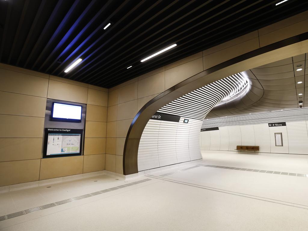 A section of an under ground pedestrian walkway at the new Gadigal Metro Station. Picture: Richard Dobson