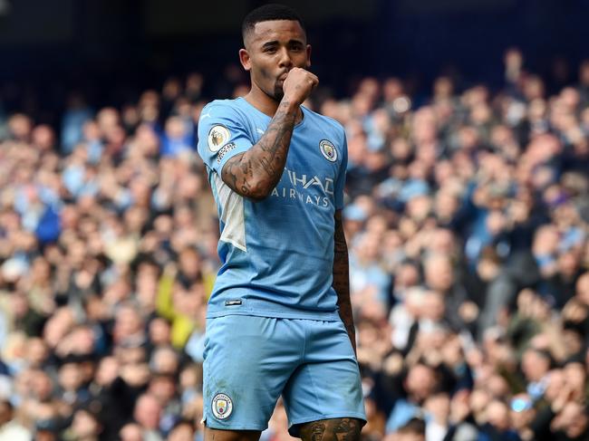 Gabriel Jesus of Manchester City celebrates after scoring his side's second goal against Liverpool. Picture: Shaun Botterill/Getty Images