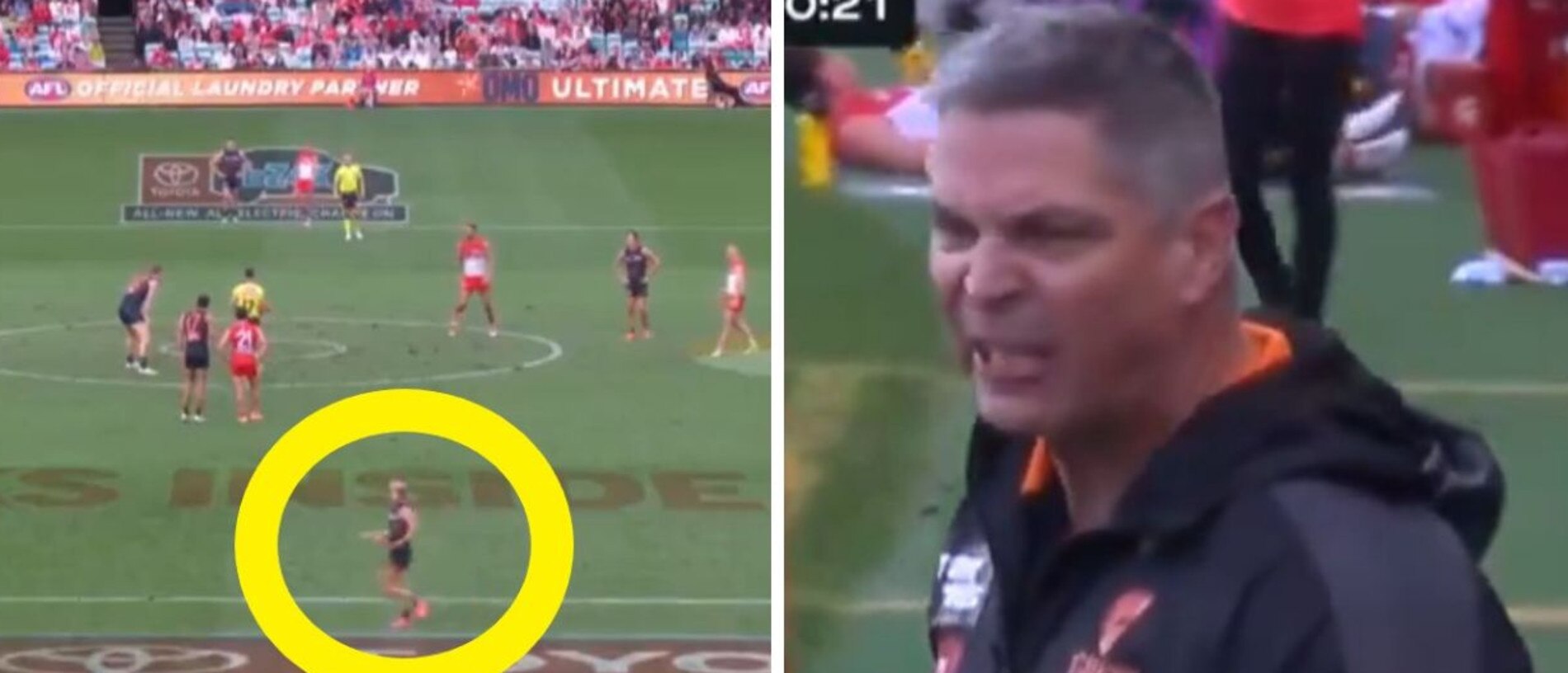 Adam Kingsley was furious the Giants didn't have a player on the wing. Photo: Fox Footy.