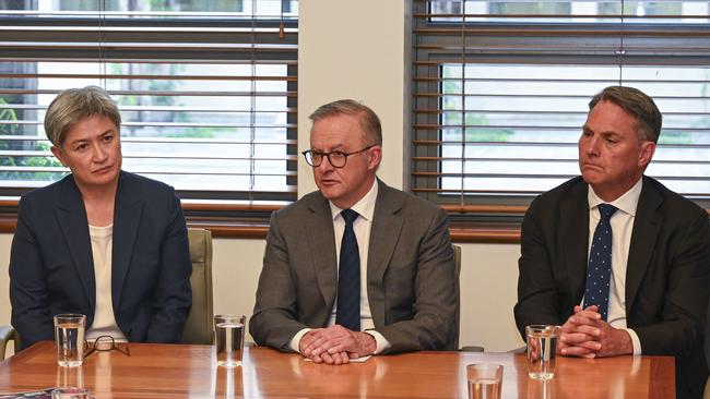 Anthony Albanese, Penny Wong and Richard Marles at Parliament House in Canberra. Picture: NCA NewsWire / Martin Ollman