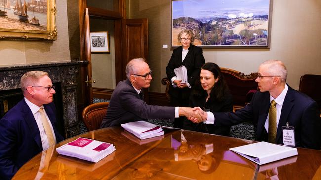 President of the Legislative Council Ben Franklin, Speaker of the NSW Legislative Assembly Greg Piper - black tie - receive the ICAC report on Gladys Berejiklian. Picture: NCA NewsWire / pool / James Brickwood