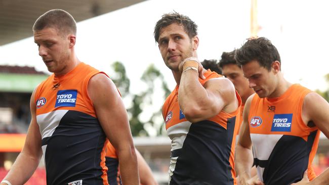 The GWS Giants after suffering defeat at the hands of the Brisbane Lions at Giants Stadium in Sydney. Picture: Getty Images