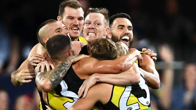 Tiger time: Richmond celebrates a Jack Riewoldt goal during the Grand Final. Picture: Getty Images