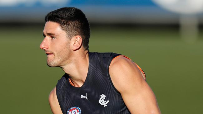 MELBOURNE, AUSTRALIA – MAY 29: Marc Pittonet of the Blues in action during the Carlton Blues AFL training session at Ikon Park on May 29, 2020 in Melbourne, Australia. (Photo by Michael Willson/AFL Photos via Getty Images)