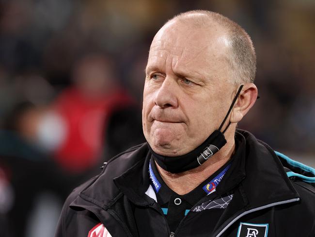 ADELAIDE, AUSTRALIA - JULY 08: Ken Hinkley, Senior Coach of the Power during the 2021 AFL Round 17 match between the Port Adelaide Power and the Melbourne Demons at Adelaide Oval on July 8, 2021 in Adelaide, Australia. (Photo by James Elsby/AFL Photos via Getty Images)