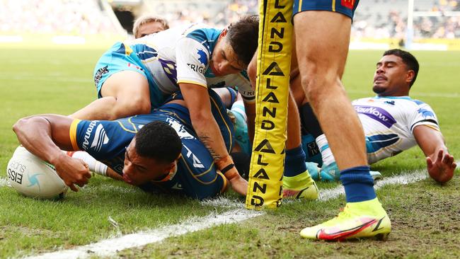 Waqa Blake of the Eels scores in the corner (Photo by Mark Metcalfe/Getty Images)