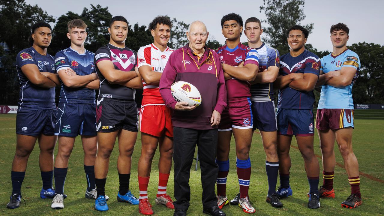 Phil Hall (centre) with Langer Trophy competitors Kena Finau (Mabel Park SHS), Jack Cameron (Redcliffe SHS), Chris Faagutu (Marsden SHS), Tanu Nona (PBC SHS), Karl Oloapu (Wavell SHS), Lewis Symonds (Coombabah SHS), Josiah Pahulu (Ipswich SHS), and Seth Nikotemo (Keebra Park SHS), pictured at Red Hill. Picture Lachie Millard