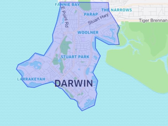 A map showing the areas that Uber Eats will deliver to when it begins operating in Darwin in early July 