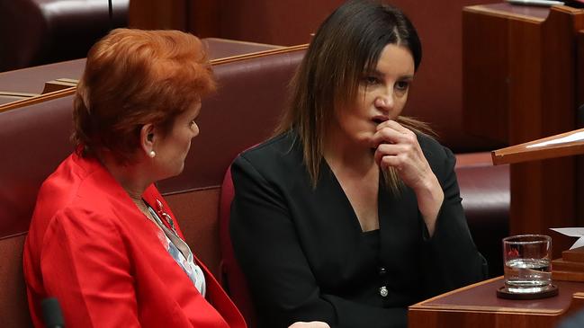 Pauline Hanson talks with Jacqui Lambie. Picture: Kym Smith