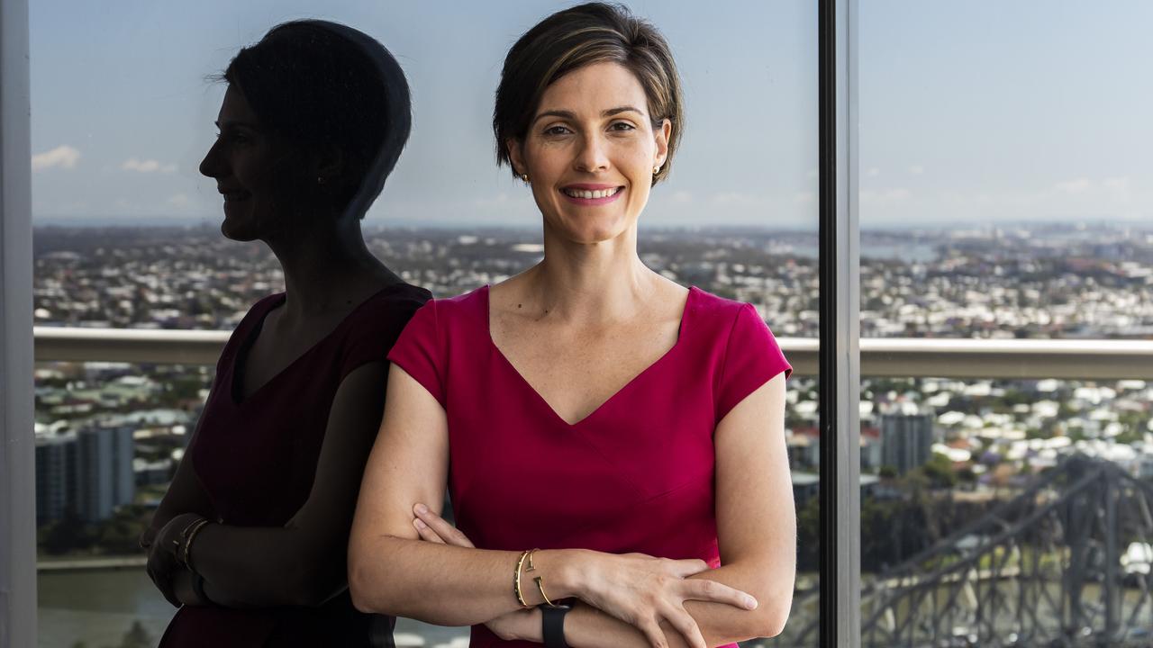 Marie Mortimer at the top of the Firstmac office in Brisbane’s CBD. Picture: Mark Cranitch