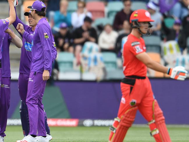 HOBART, AUSTRALIA - DECEMBER 19: Scott Boland of the Hurricanes celebrates the wicket of during Jake Fraser-McGurk of the Renegades the Big Bash League match between the Hobart Hurricanes and Melbourne Renegades at Blundstone Arena, on December 19, 2020, in Hobart, Australia. (Photo by Steve Bell/Getty Images)