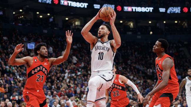 Ben Simmons drives against the Raptors. Picture: Cole Burston/Getty Images