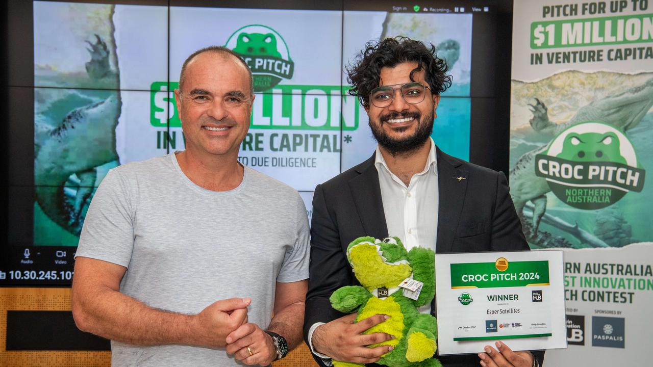 Paspalis chief executive Harley Paroulakis with Esper Satellites’ Shoaib Iqbal, winner of Croc Pitch 2024. Picture: Pema Tamang Pakhrin