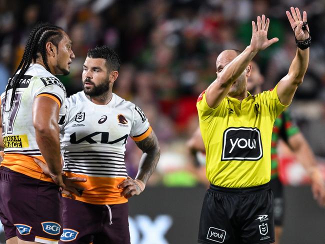 Brisbane Broncos star Martin Taupau was sin-binned over an ugly leg raise on Rabbitohs centre Campbell Graham. Picture: NRL Imagery.