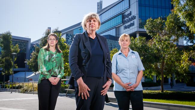 Lead nurse Suzanne Foot, SA Health chief nurse and midwife Jenny Hurley and frontline nurse Marija Juraja at the Royal Adelaide Hospital. Picture: Matt Turner