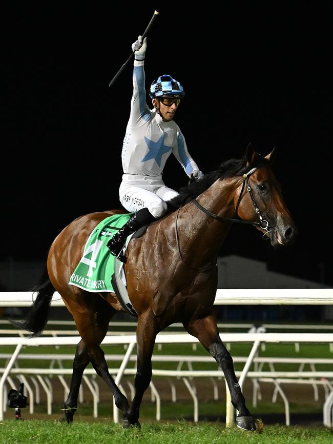 Ash Morgan celebrates his Sunlight slot race victory aboard Private Harry at the Sunshine Coast. Picture: Grant Peters / Trackside Photography