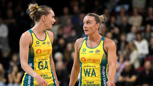 INVERCARGILL, NEW ZEALAND - OCTOBER 19: Kiera Austin and Liz Watson of Australia talk during game three of the Constellation Cup series between New Zealand Silver Ferns and Australia Diamonds at ILT Stadium Southland on October 19, 2023 in Invercargill, New Zealand. (Photo by Joe Allison/Getty Images)