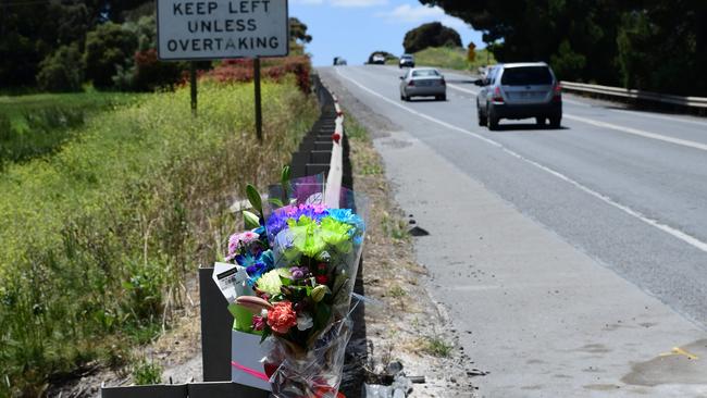 Flower memorial at the scene of fatal accident on the corner of South and Little roads, Aldinga, in October. Picture: Campbell Brodie