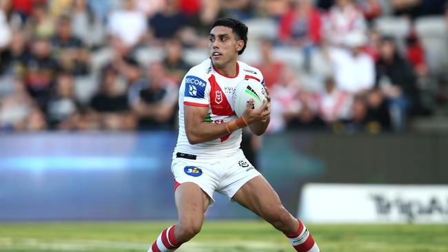 SYDNEY, AUSTRALIA - MARCH 18: Tyrell Sloan of the Dragons catches the ball during the round two NRL match between the St George Illawarra Dragons and the Penrith Panthers at Netstrata Jubilee Stadium on March 18, 2022, in Sydney, Australia. (Photo by Jason McCawley/Getty Images)