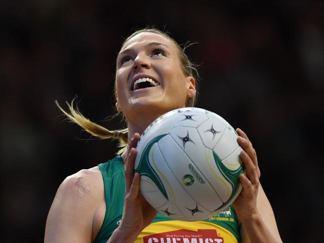 Caitlin Bassett of the Australian Diamonds looks to score during game 2 of the Constellation Cup netball test series between the Australian Diamonds and the New Zealand Silver Ferns at The Silverdome, in Launceston, Wednesday, Oct. 12, 2016. (AAP Image/Scott Gelston) NO ARCHIVING, EDITORIAL USE ONLY