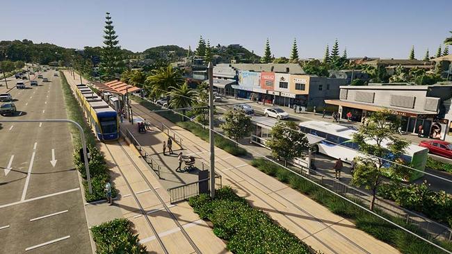 New light rail stage four Gold Coast graphic showing the trams near the Tugun shops.