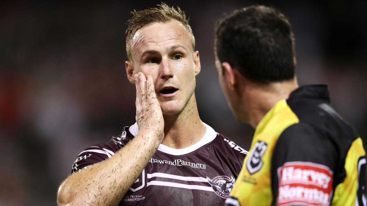 Daly Cherry-Evans of the Sea Eagles shows his frustration as he speaks to referee Dave Munro after the controversial non-call.