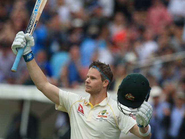 Steve Smith celebrates his century at Edgbaston. Picture: AFP