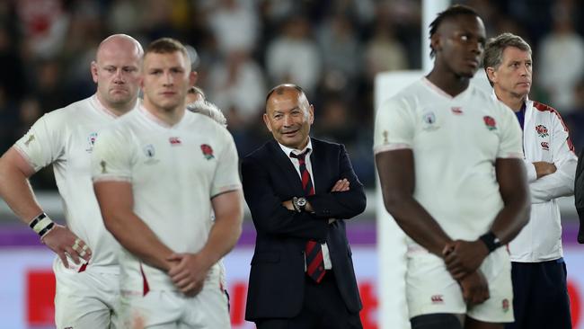 England head coach Eddie Jones with his players after their defeat against South Africa in the Rugby World Cup final in Yokohama. Picture: Getty Images