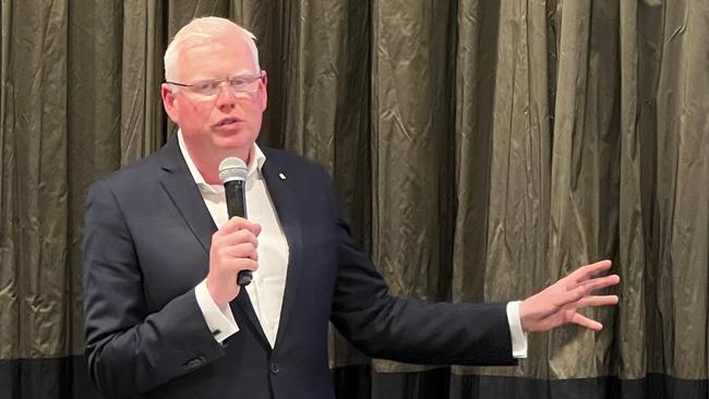 Kiama MP Gareth Ward addressing his supporters at Bomaderry Bowling Club on election night. Picture: Dylan Arvela