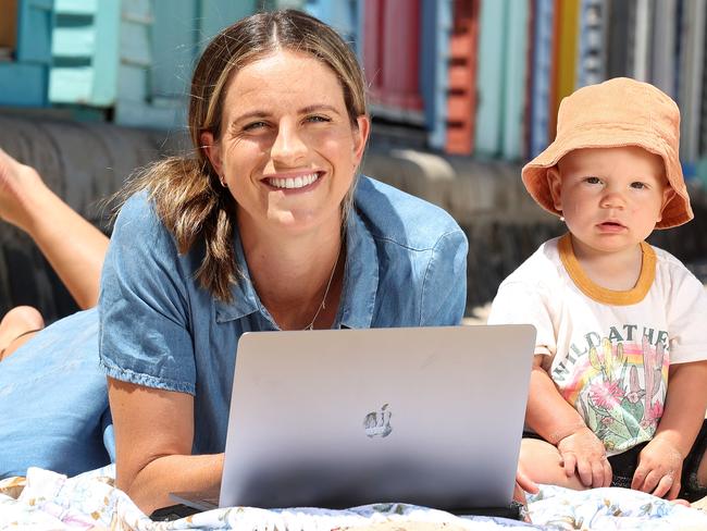 Shai Brown and her 9 month old son Bowie at Aspendale beach . 22/01/2021.   Story is about how universities/MBAs are shaping their content since COVID-19 - focussing more on skills such as resilience and crisis management and using COVID-19-related business/data/ethcis case studies.    . Pic: Michael Klein