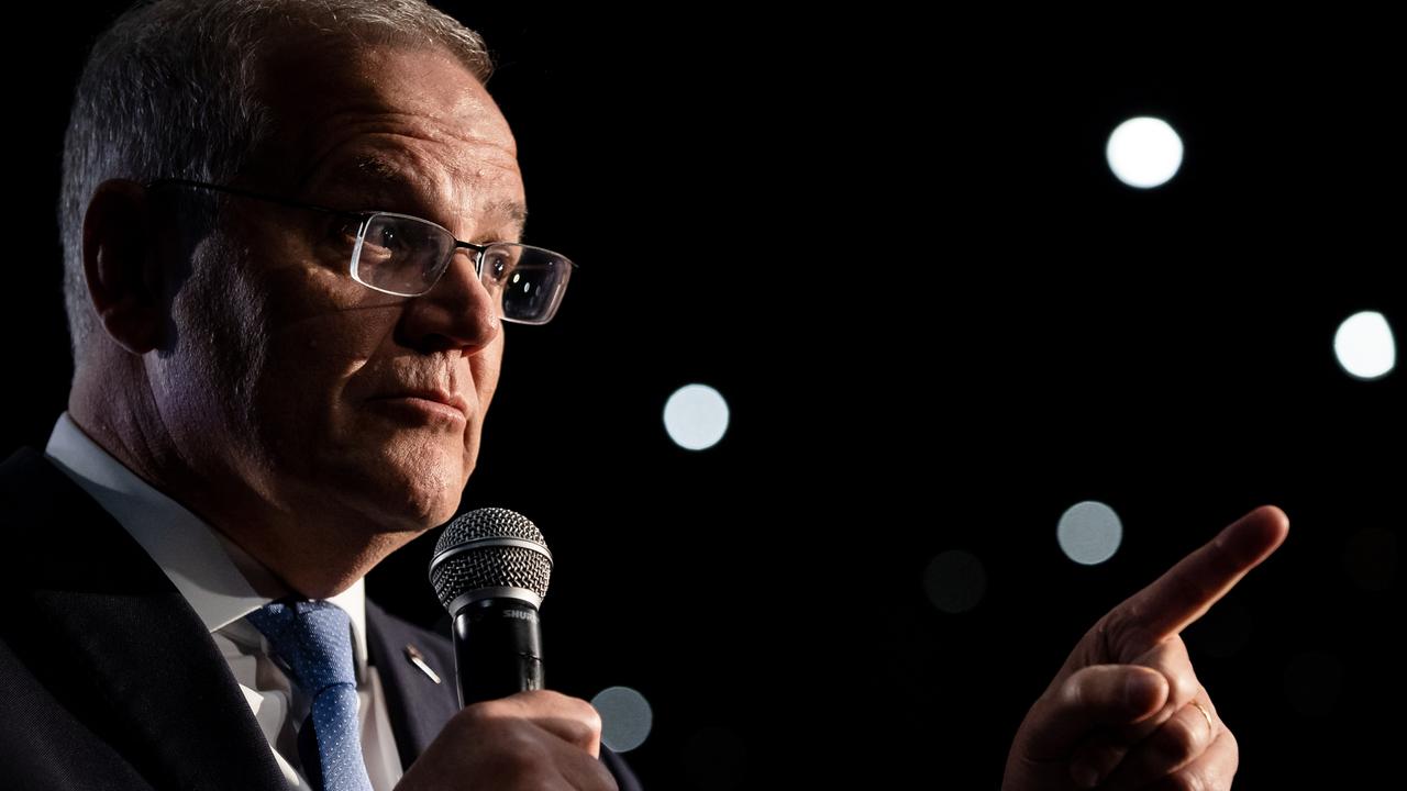 Scott Morrison addresses a Liberal campaign rally in Melbourne on Sunday. Picture: Jason Edwards