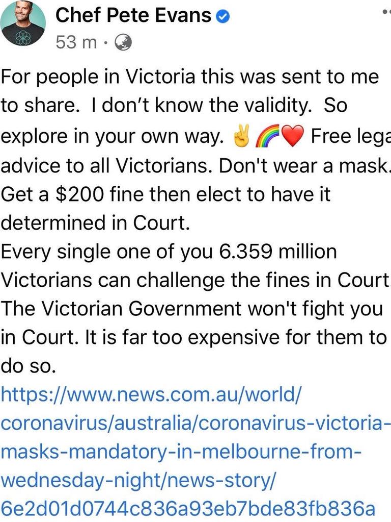 Pete Evans' began offering free legal advice during the coronavirus pandemic, urging Victorians to break the law.