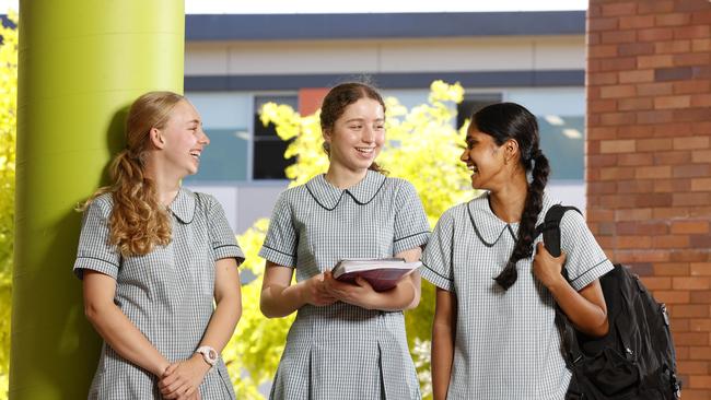 St Ursula's College students from left Zara Sly, Elyana Fadel and Ashley Shivakumar at the school in Kingsgrove. The school has performed highly in NAPLAN over the past five years. Picture: Jonathan Ng