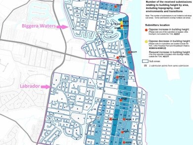 Mapping which shows the objections to height increases as Biggera Waters on the Gold Coast.