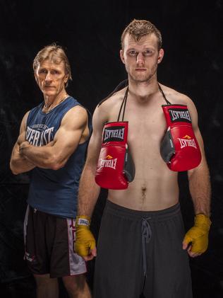 Jeff Horn, with trainer Glenn Rushton, has been alternating between stances in preparation for his WBO title defence. Picture: AAP Image/Glenn Hunt