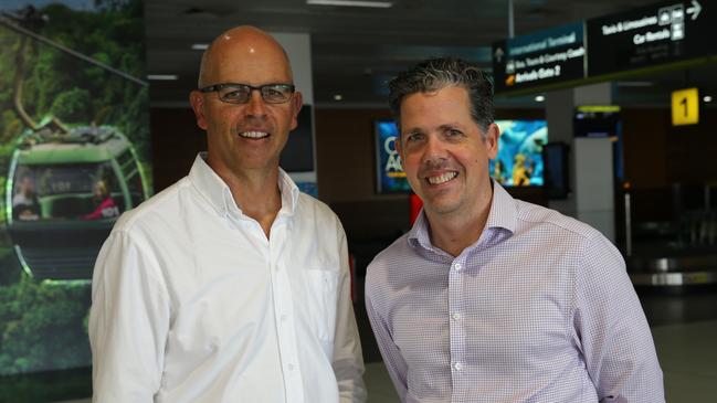 Cairns Airport CEO Richard Barker and Tourism Tropical North CEO Mark Olsen look forward to 2050. Picture: Jack Lawrie.