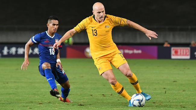 Aaron Mooy threatens the Chinese Taipei defence in Kaohsiung, Taiwan. Picture: Getty