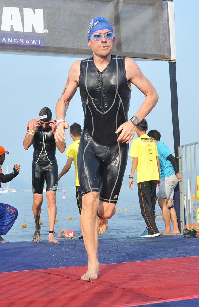 Coming out of the swim leg of an Ironman race, David looks like a different man.