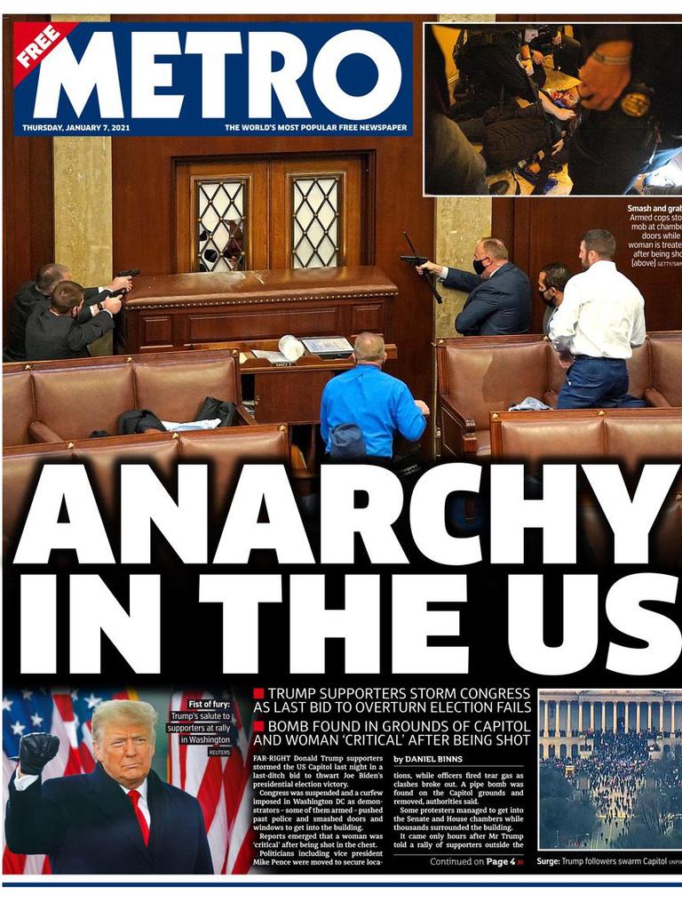 At least three publications splashed their front page with the headline, “Anarchy in the US”. Picture: Supplied