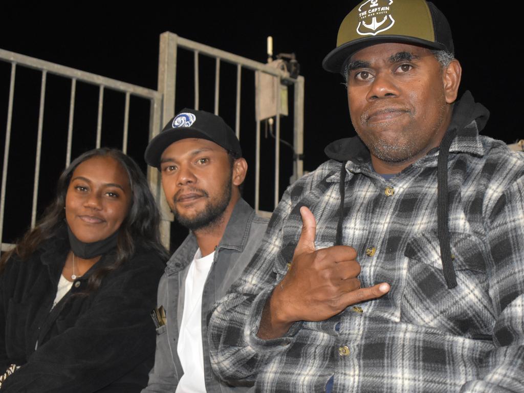 Sierra Mooney (left), Jade Baggow and Shane Mooney at the Manly Sea Eagles v Sydney Roosters NRL semi final match at BB Print Stadium, Mackay, September 17, 2021. Picture: Matthew Forrest