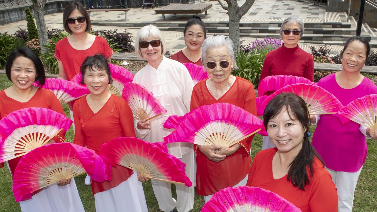 Chinese dancing party (back from left) Kong Hu, Jackie Purcell and Mei Lee. (front from left) Amy Zheng, Lucy White, Barbara Lewin, Sachi Sakaguchi. Reginia Law Saturday, October 1, 2022. Picture: Nev Madsen.