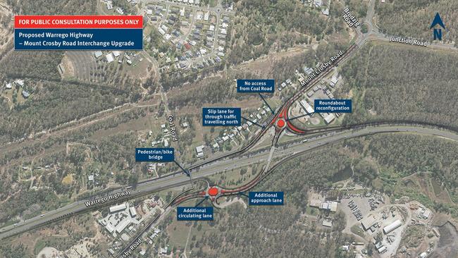 The proposed Warrego Highway - Mount Crosby Road interchange upgrade.