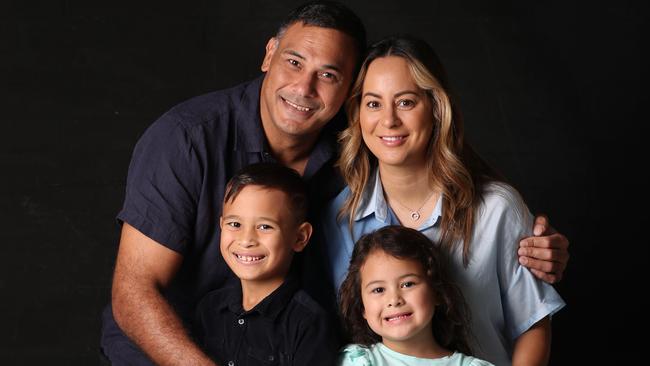 Justin Hodges with wife Gyanne and kids Milane, 5, and Carter 8. Picture: Annette Dew